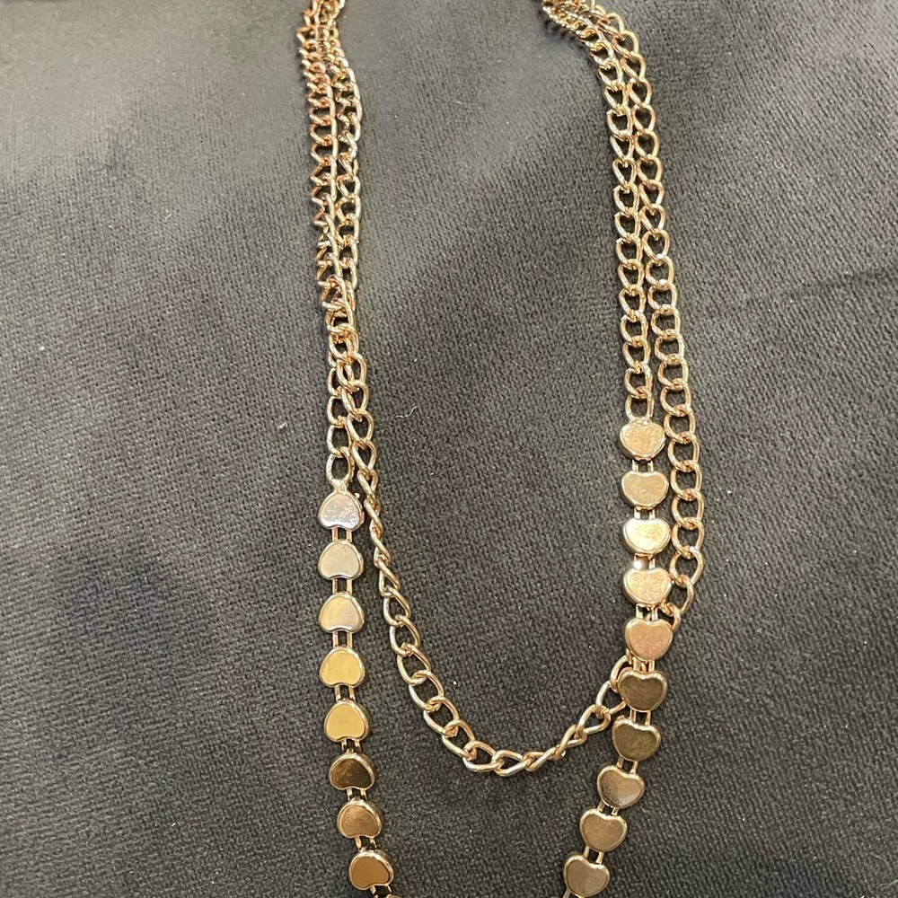 Vintage Gold Tone Staggered Chain 2 Strand Hearts Necklace Layered Look